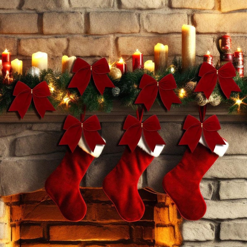 3 Pcs Christmas Velvet Bows – Vintage Rustic Ribbon Bows for Gift Wrapping, Christmas Tree & Wreath Decor, Farmhouse Holiday Ornaments for DIY Crafts, Garland, Presents (Red Velvet Xmas Bows) - Image 2